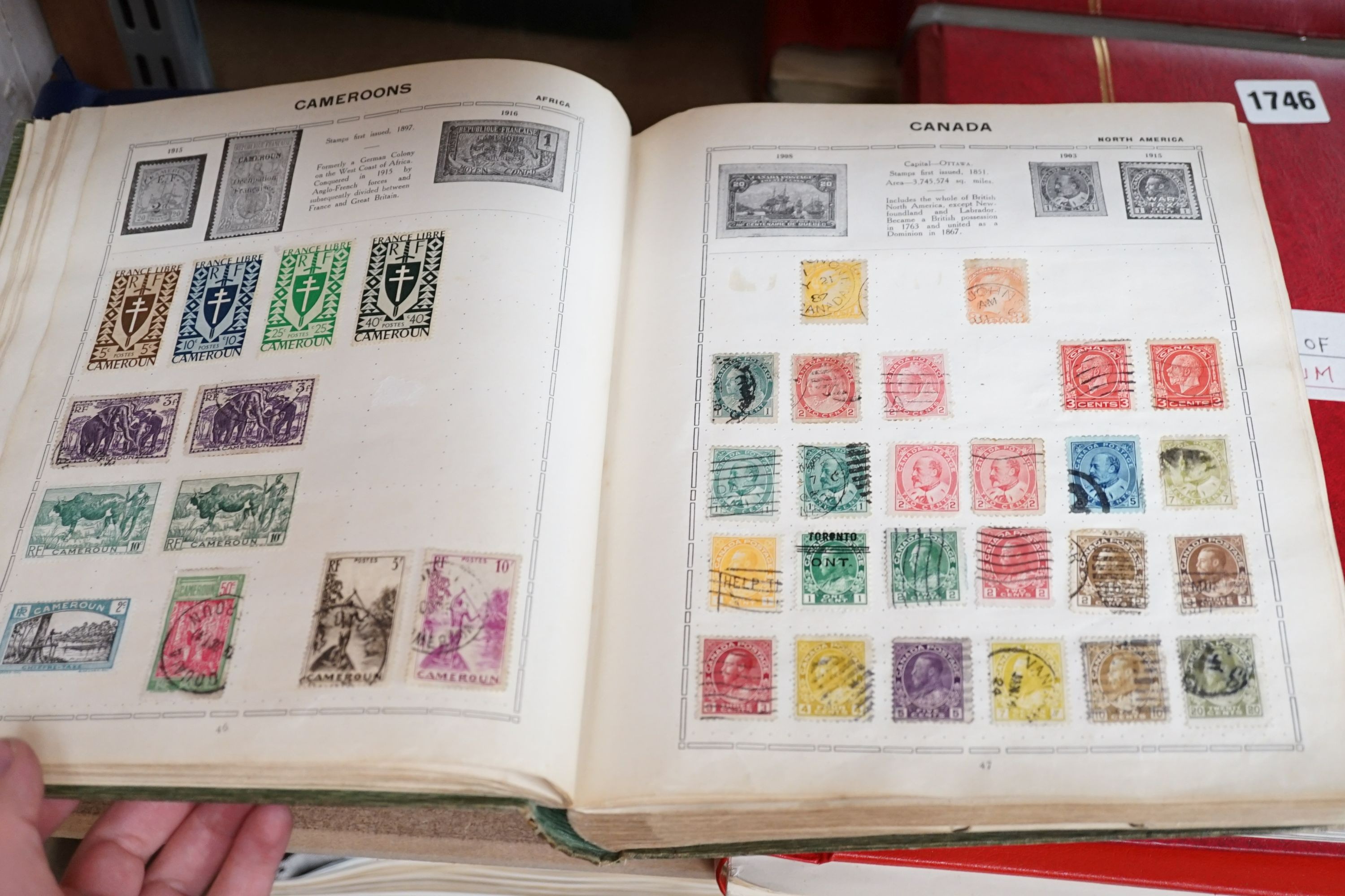 World stamps in 6 albums including Lincoln and Triumph album with G.B. 1841 1d red, browns and 2d blues used, 1d red plate 138 mint block of 6, British Commonwealth, Hong Kong, New Zealand 1858 1sh. emerald green used, S